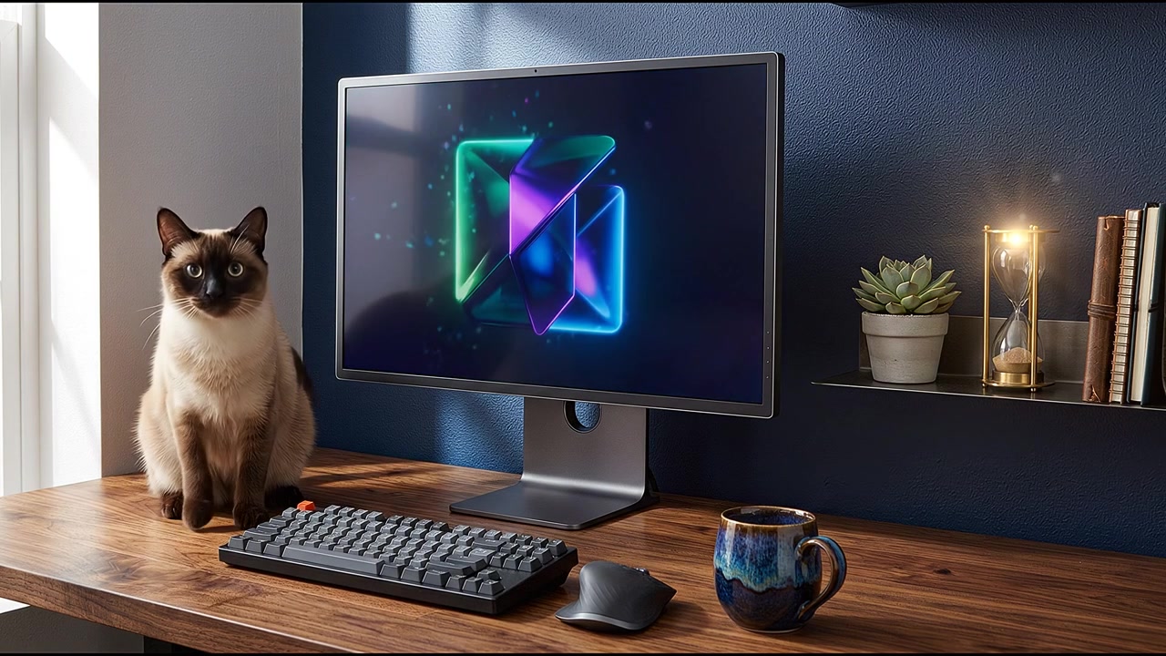 Modern desktop setup displaying abstract technology graphics in contemporary office space