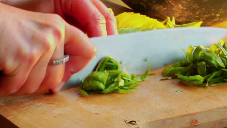 a woman chef preps a salad by chopping basil on a wooden cutting board