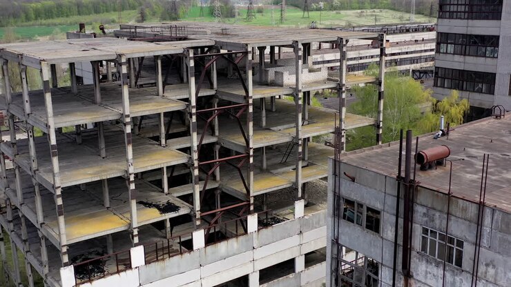 Vista aerea di un edificio abbandonato in rovina. Città apocalittica vuota con case danneggiate.