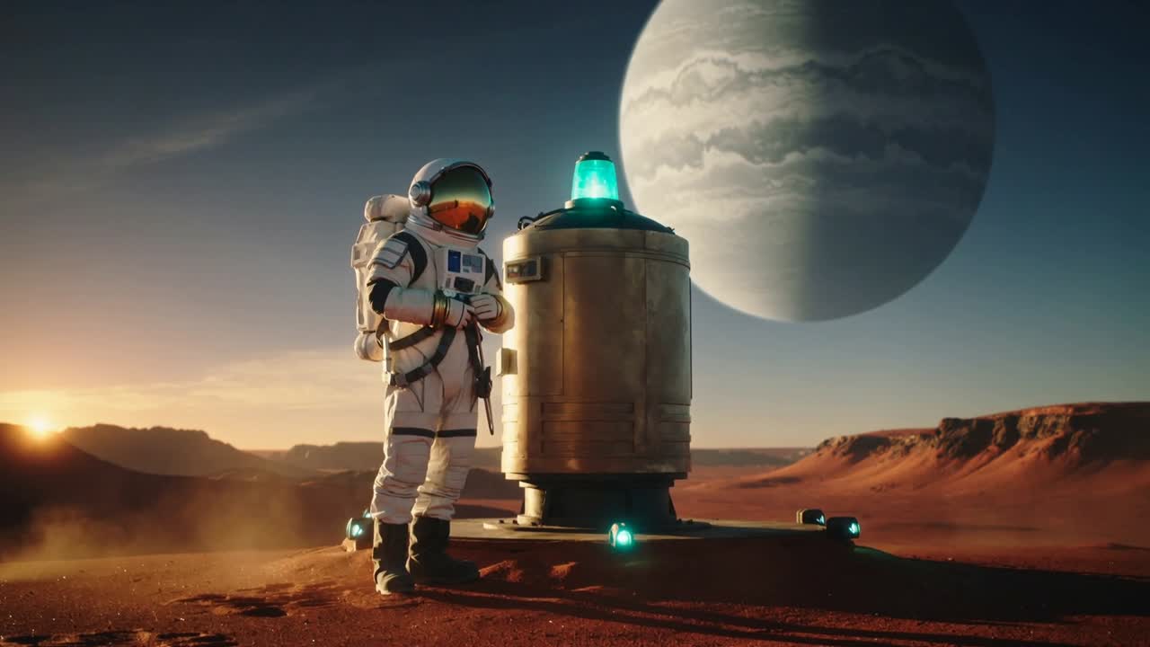 Beacon pinger astronaut i dragt med rygsæk nærmer sig en enhed på en rød slette, tjekker, træder tilbage