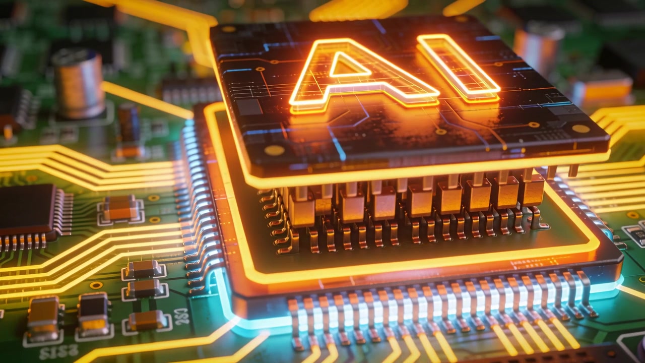 Lyfter AI-chip efter sondkontakt, avslöjar staplad modul och stift på grönt kretskort, neonspår