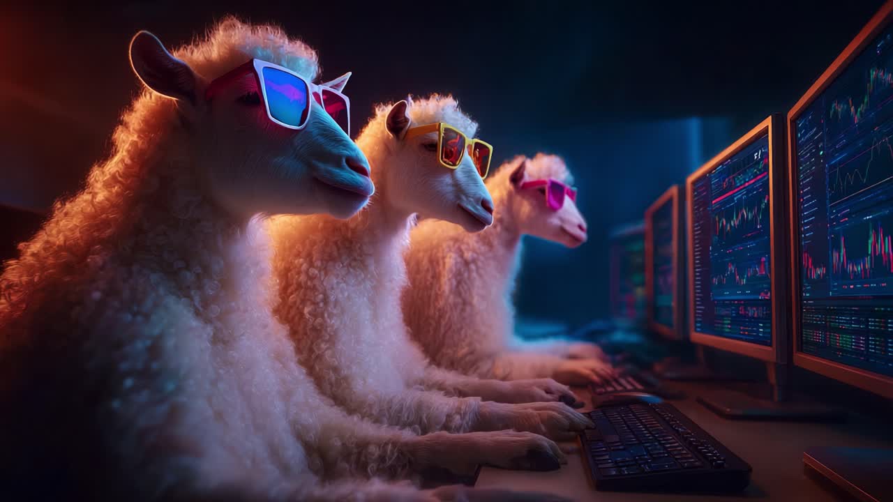 Three stylish sheep wearing sunglasses sit at computer desks, intently focused on multiple screens displaying colorful financial graphs and charts, showcasing a whimsical blend of technology and nature
