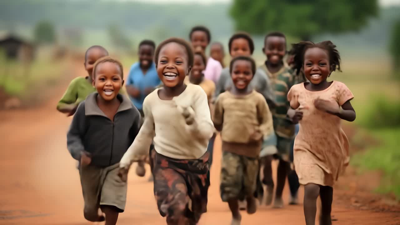 Group of cheerful African children running joyfully along a dirt road in a rural village, celebrating freedom and the simple pleasures of childhood together in the warm summer sun