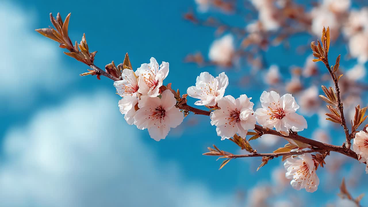 Una suggestiva esposizione di rami di fiori di ciliegio contro un cielo azzurro vivido, che mostra la delicata bellezza dei fiori primaverili in piena fioritura.