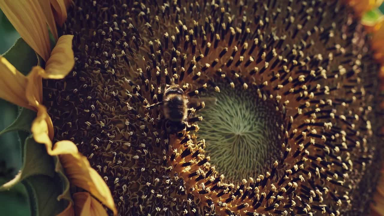 Close-up video shot of a bee on a sunflower, capturing intricate details of the petals and seeds
