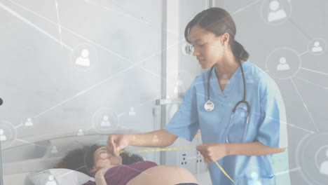 animation of diverse female doctor and pregnant woman and network of connections with icons