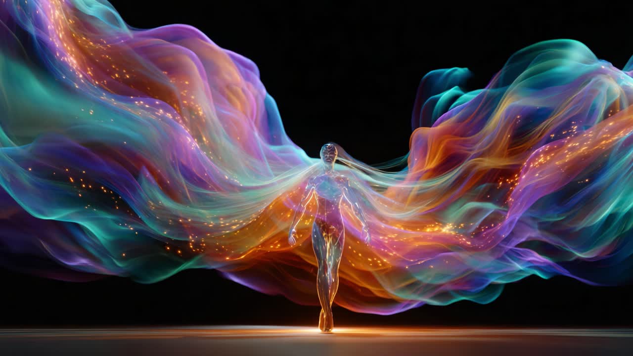 A mesmerizing display of ethereal energy and vibrant colors encapsulates a human figure surrounded by flowing waves of luminescent fabric, creating a surreal and captivating visual experience