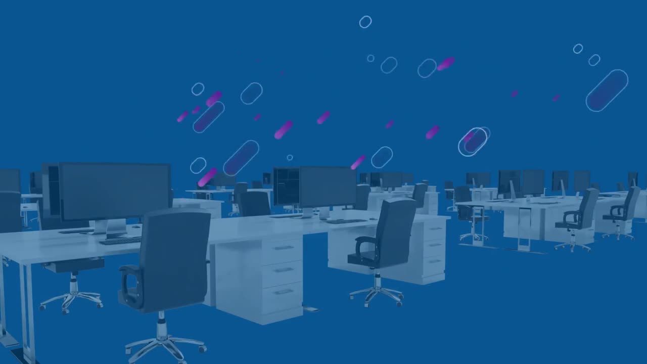 Animation of purple light trails over empty office