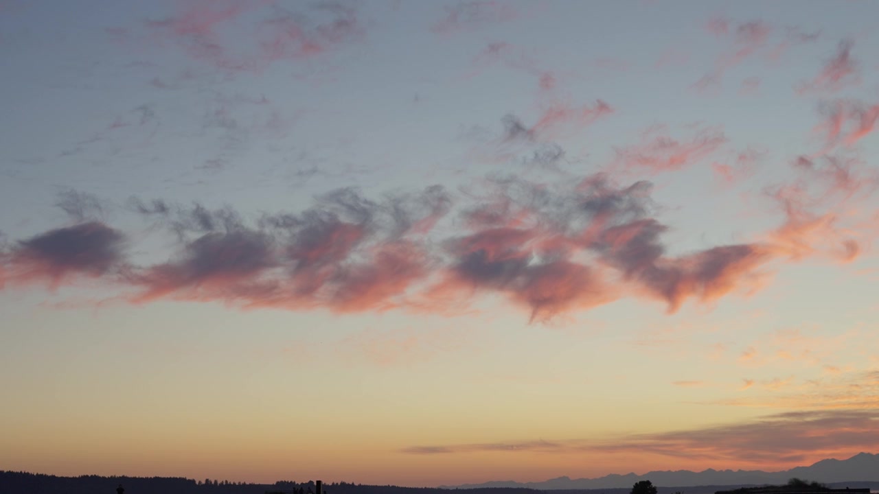 Nubes moviéndose durante el atardecer con una cordillera.
