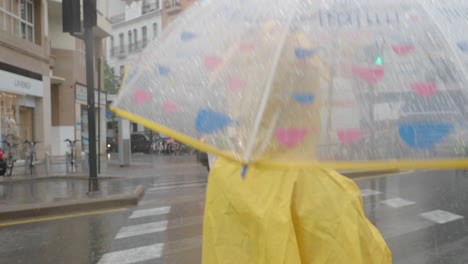 Chica-Con-Impermeable-Amarillo-Bajo-Un-Paraguas.