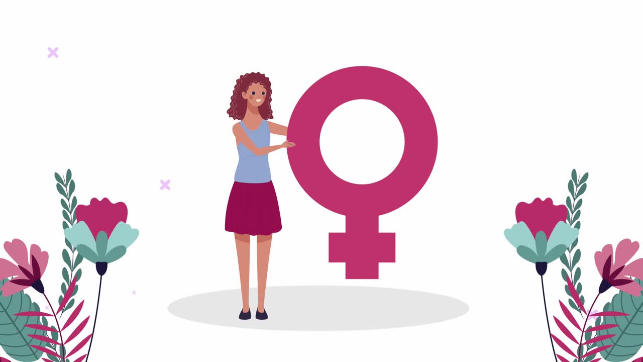 feliz tarjeta de día de la mujer con chica levantando símbolo de género femenino y flores