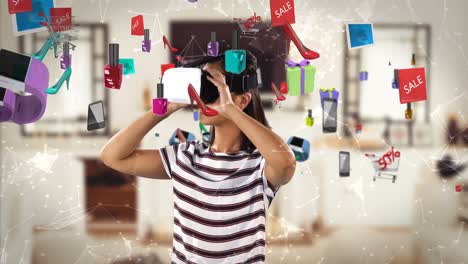 mujer usando auriculares de realidad virtual con iconos de venta generados digitalmente 4k