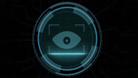 animation of eye scanning in circle and cyber security on black background