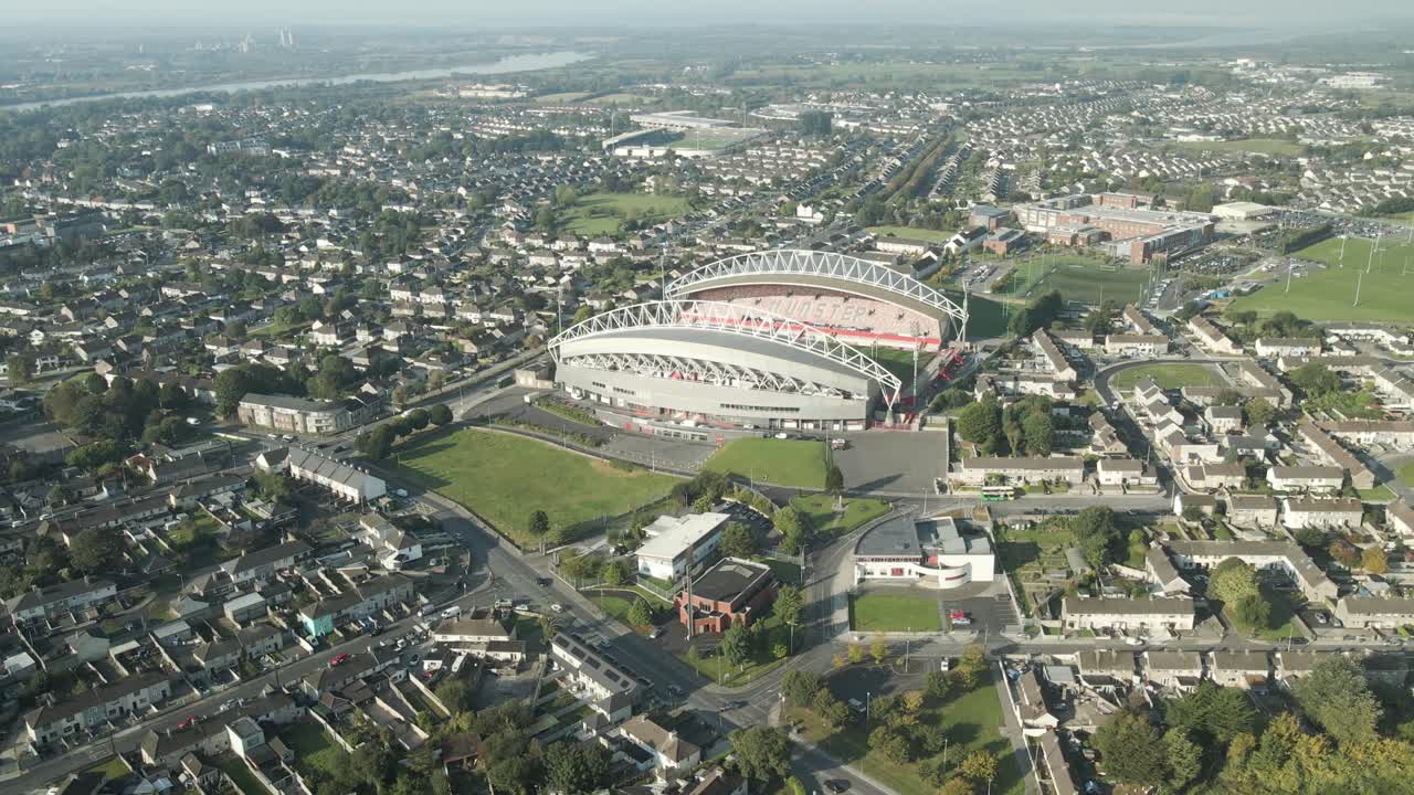 Thomond park stadium in limerick surrounded by residential and city landscape, aerial view