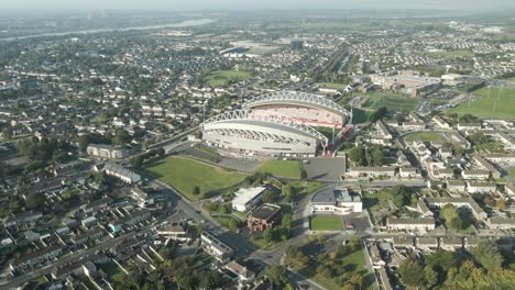 thomond park stadium in limerick surrounded by residential and city landscape, aerial view