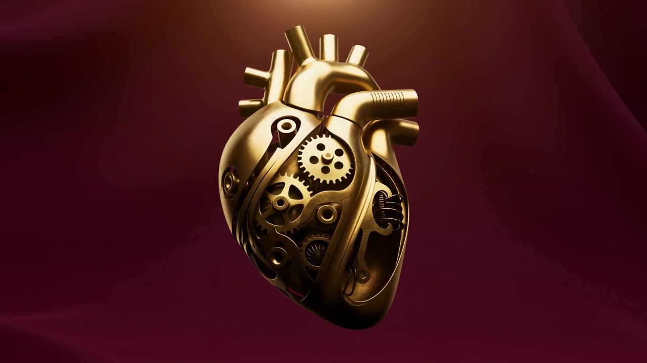 Un cuore meccanico dorato e lucido con ingranaggi, tubi e componenti metallici dettagliati visibili è centrato su uno sfondo bordeaux scuro sotto una drammatica illuminazione da studio.