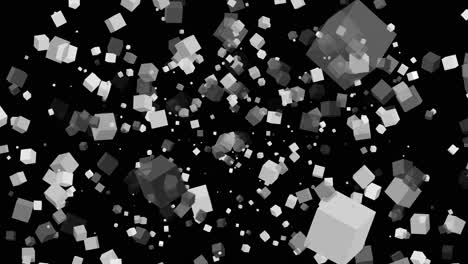 3d floating flying spinning cube shape square animation movement in space on black background visual effect geometric pattern colour grey