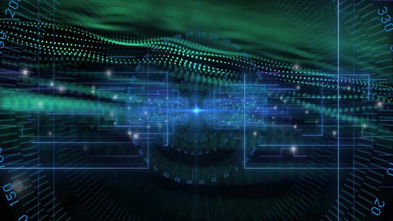 Vertical video: Lighting center blue node causing HUD pulsing, rotating dial, green wave for data