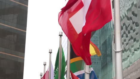 banderas nacionales de suiza, españa, sudáfrica, arabia saudita, jordania, nueva zelanda, italia, hong kong y china se ven ondeando en el viento en hong kong