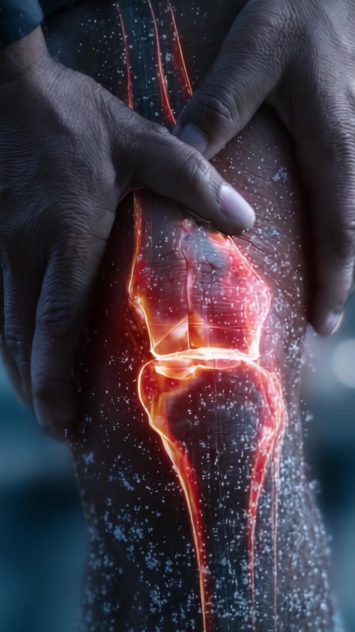 A vivid visualization of knee joint health showing inflammation and ...