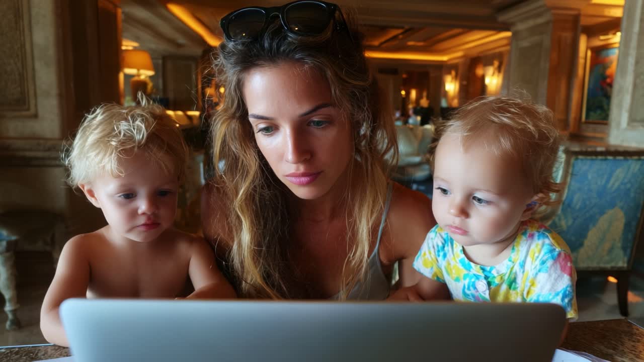 A mother engaged with her two young children as they explore a laptop together, showcasing their bond and curiosity in a cozy, upscale environment