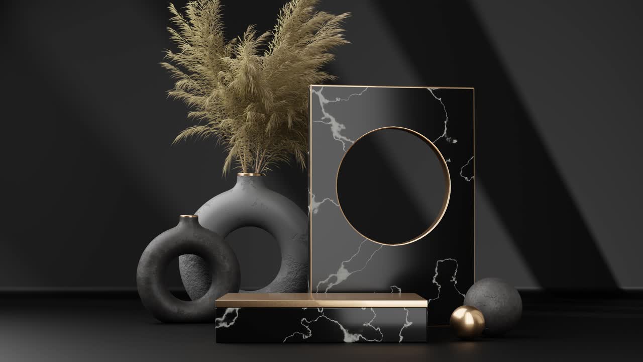 Dark product podium with vases on black background. 3d render