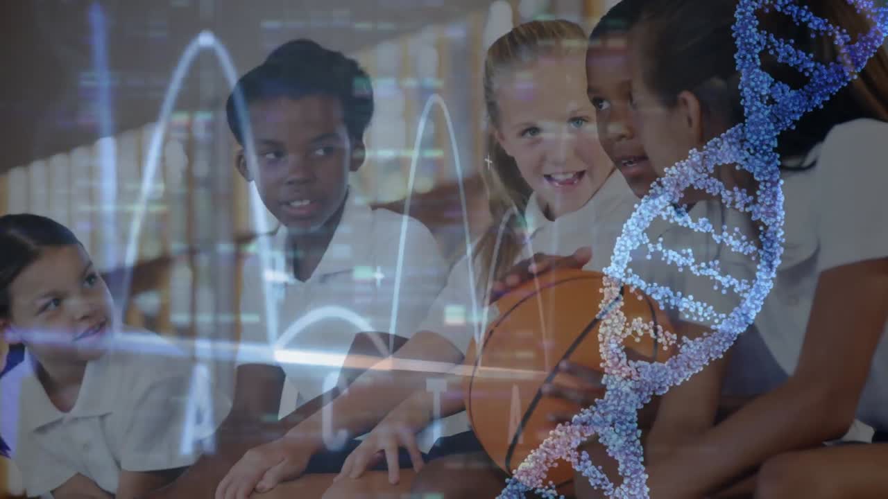 animación de cadena de adn y gráfico de procesamiento de datos sobre un grupo diverso de estudiantes felices hablando
