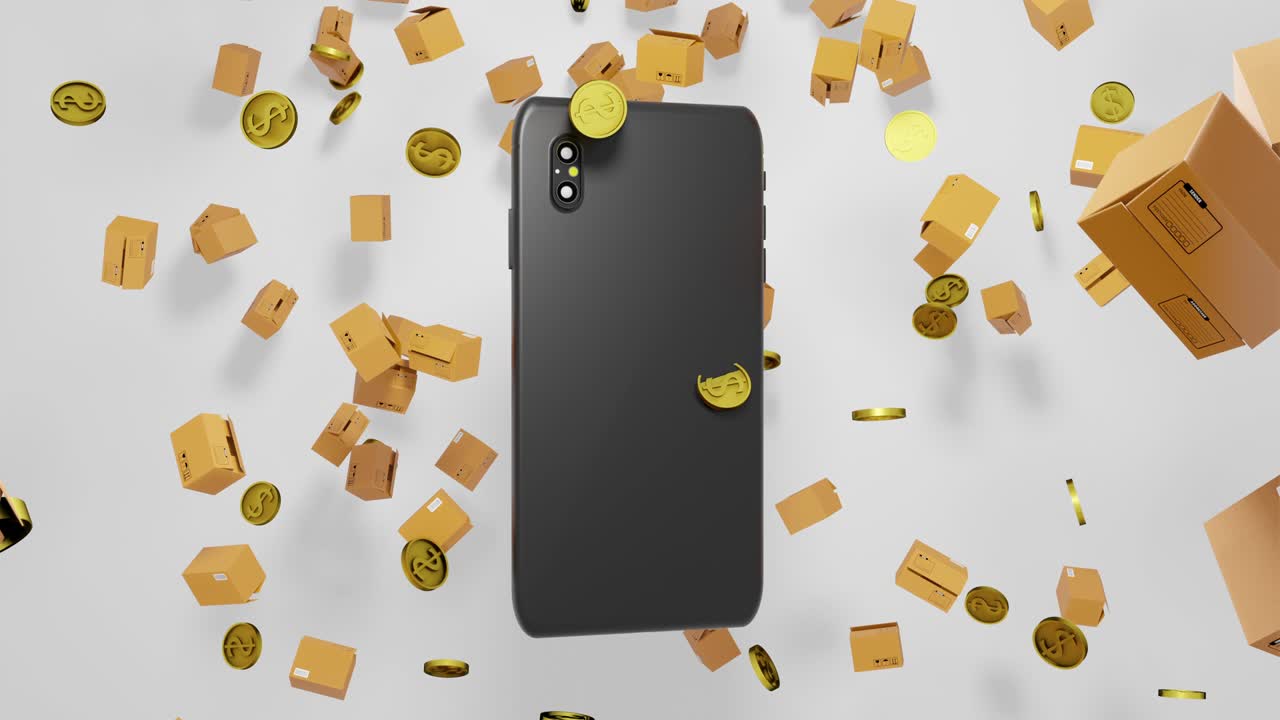 무결한 루프 3d 렌더링 전자 상거래 스마트폰, 패키지, 금 달러 동전이 추상적인 디지털 디스플레이 쇼핑 카트와 함께 화면에 떨어집니다.