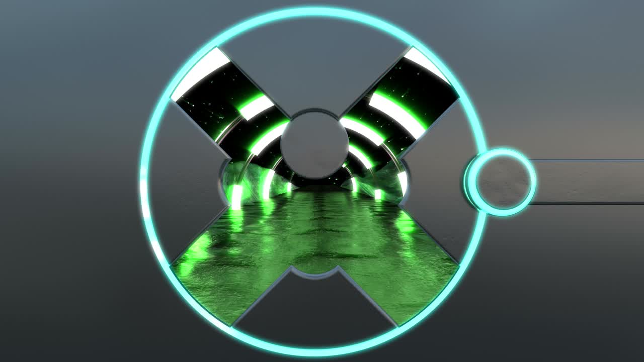 네온 조명을 가진 금속 치는 외계인 풍경 장면에 대한 파노라마 뷰를 열고, 공상 과학 복도의 3d 추상적인 배경, 기술 타이틀과 배경에 대한 미래 기술 vj.