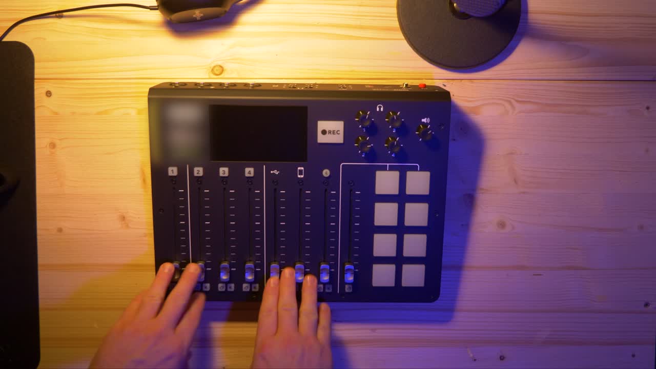 el creador de contenido está poniendo un dispositivo de grabación en una mesa de madera para grabar un podcast