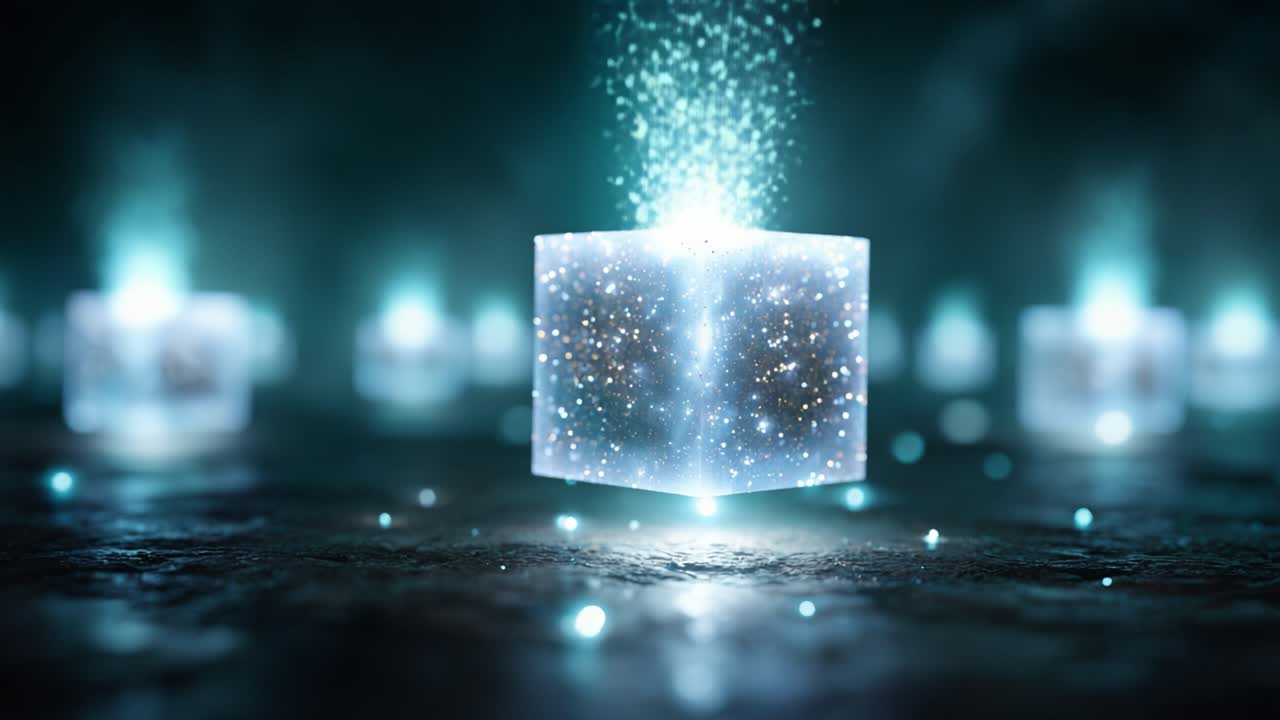 Una scena affascinante di eterei cubi luminescenti circondati da un alone mistico e particelle scintillanti che creano un'atmosfera onirica in un ambiente buio