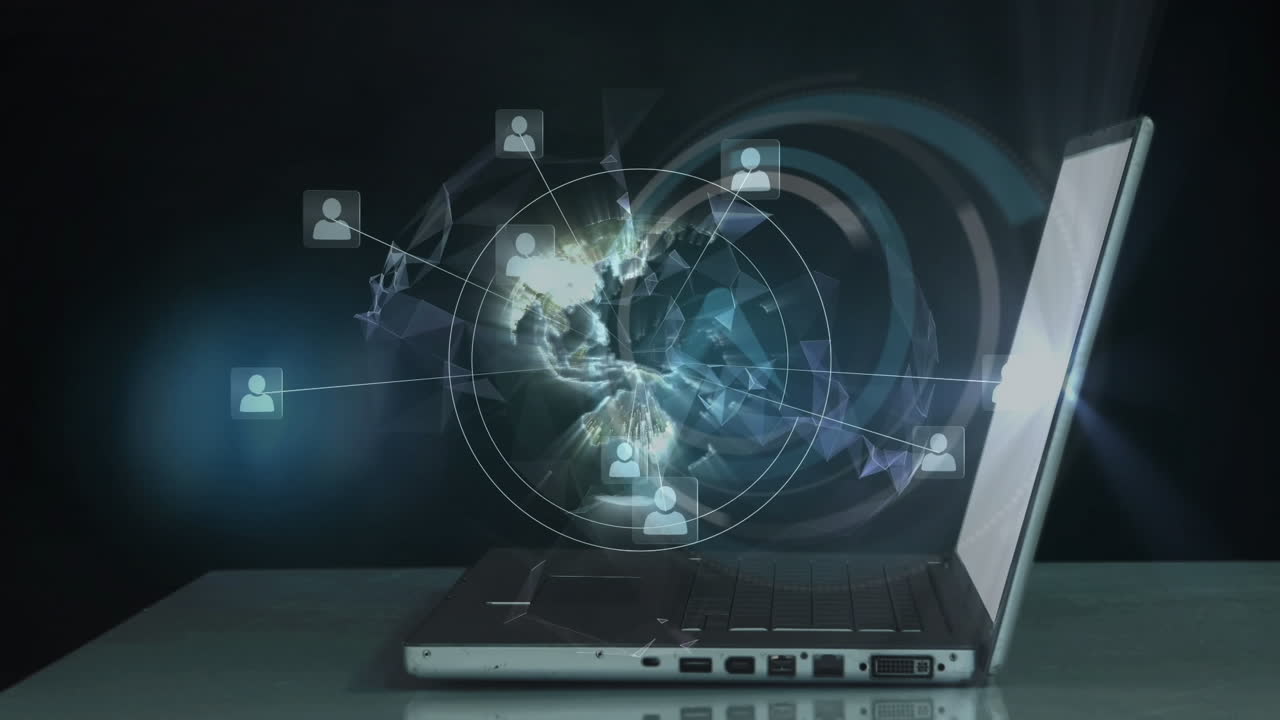 노트북에서 타이핑하는 시계, 글로브 및 아이콘의 애니메이션