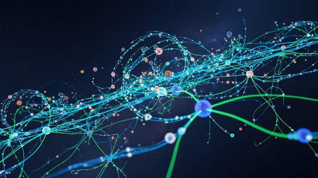 Captivating Visualization of Quantum Particles Interconnected by Vibrant Energy Filaments, Representing the Intricacies of Quantum Mechanics and Particle Physics