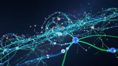 captivating visualization of quantum particles interconnected by vibrant energy filaments, representing the intricacies of quantum mechanics and particle physics