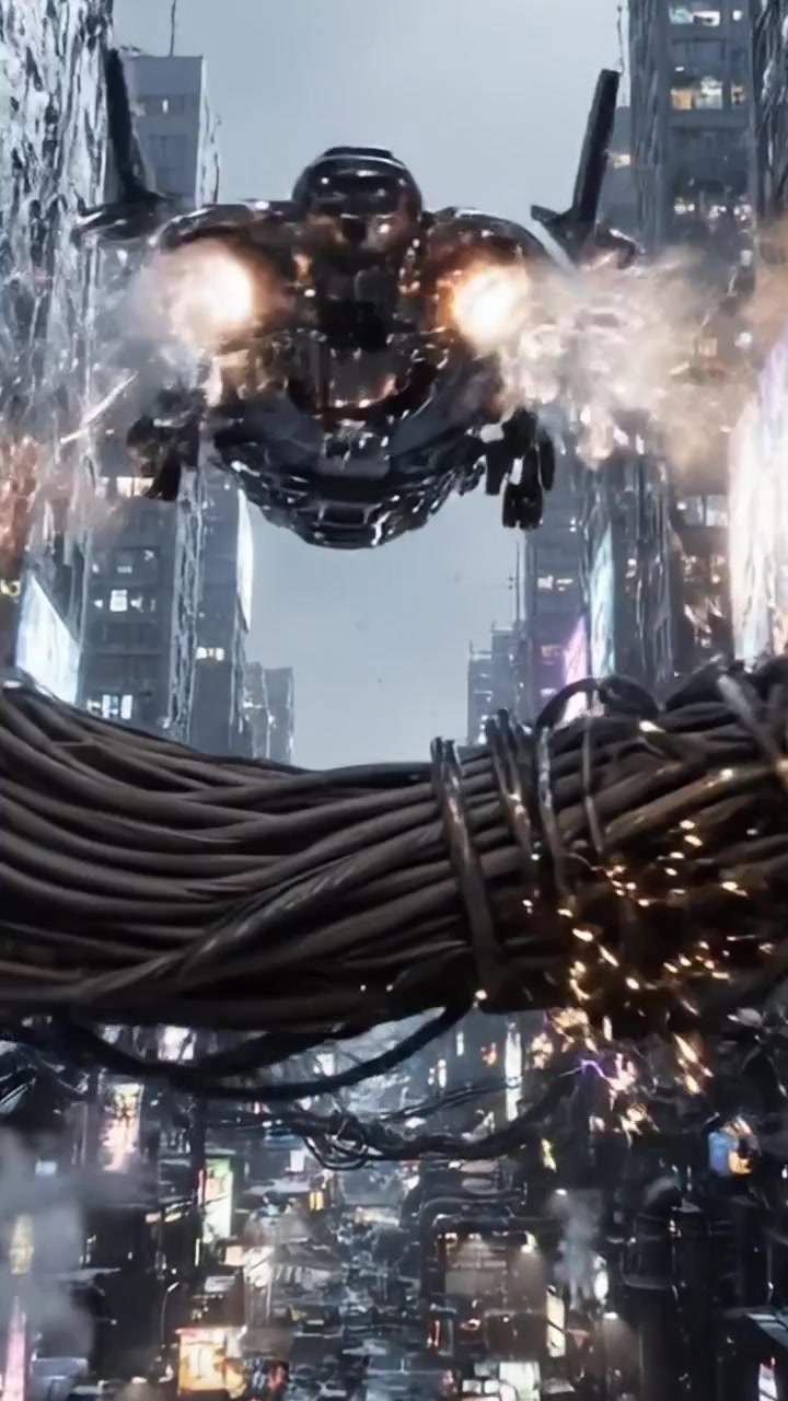 A Dystopian Cityscape: Futuristic Urban Environment with Energetic Wires and Neon Lights, Showcasing a Dark, Gritty Vibe in a High-Tech Landscape
