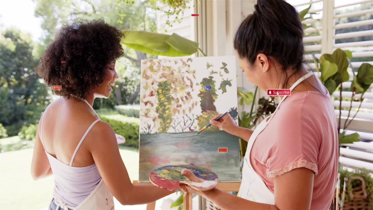 Two women examining canvas then painting, teaching art while CTAs floating across canvas and people