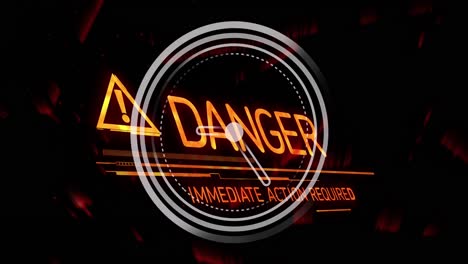 Animation-of-danger-text-over-clock-and-black-background