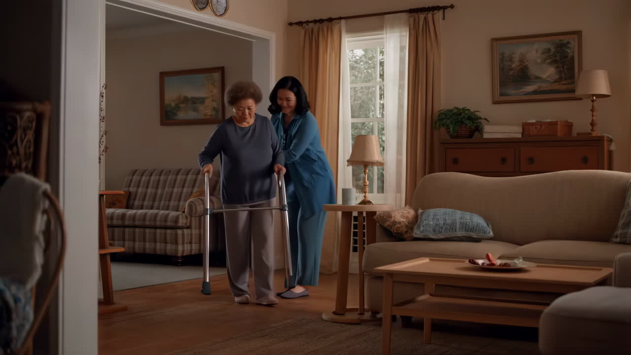 A younger woman assists an elderly woman using a walker in a home setting