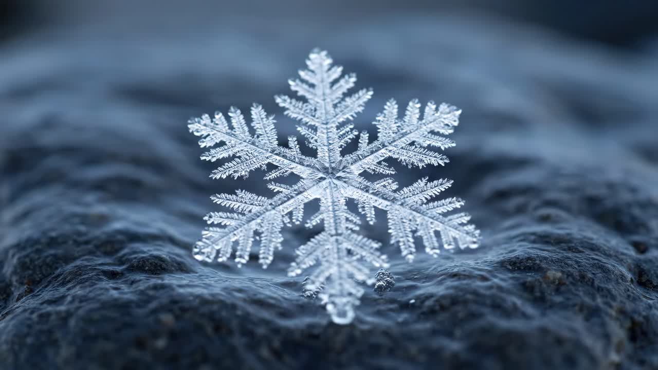 Macro Close-Up of Snowflake on Dark Surface