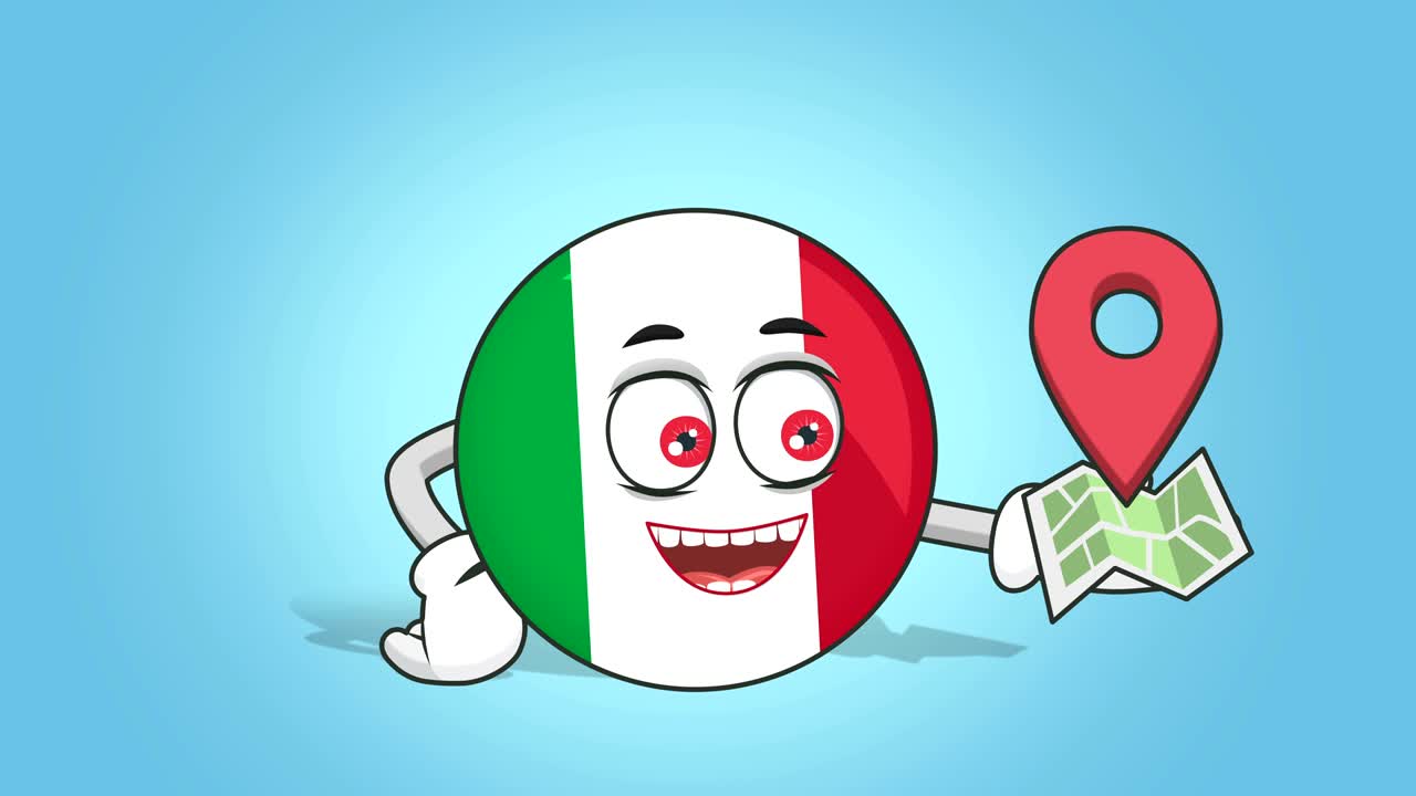 icono de dibujos animados bandera de italia dirección de mapa de ubicación con animación de cara con alfa mate