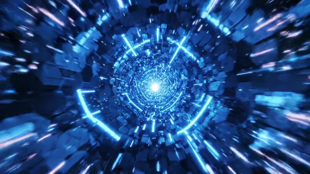 A dazzling journey through a futuristic digital vortex, with radiant blue light beams and abstract geometric shapes creating an immersive and captivating visual experience.