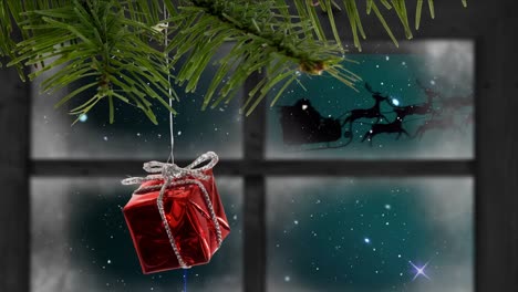 Animation-Von-Schnee,-Der-über-Weihnachtsgeschenk-Und-Fenster-Fällt