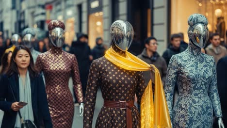 a striking display of fashion: stylish mannequins showcase elegance and modernity on a bustling urban street, capturing attention with unique designs and glamorous styles