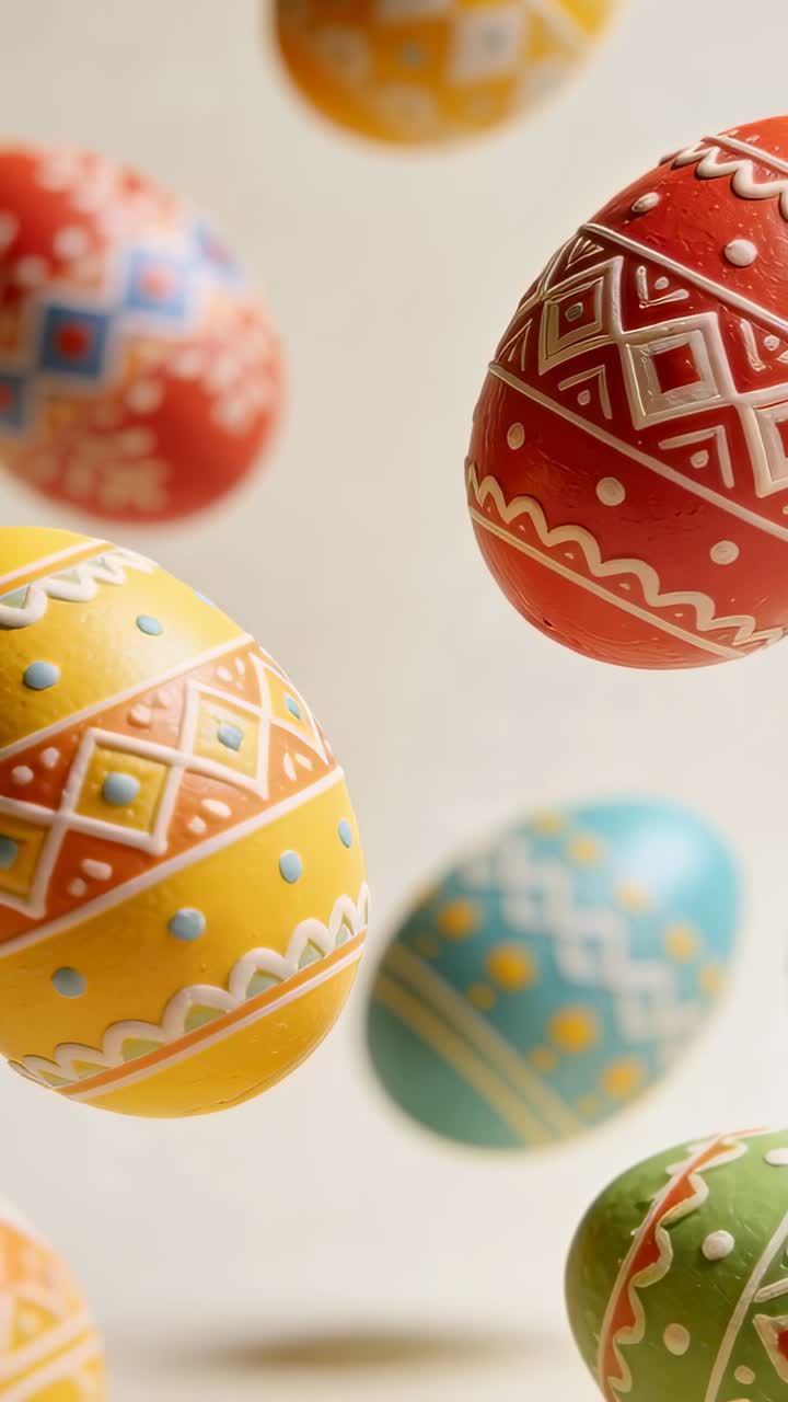 Colorful Decorated Easter Eggs Floating Against a Light Background
