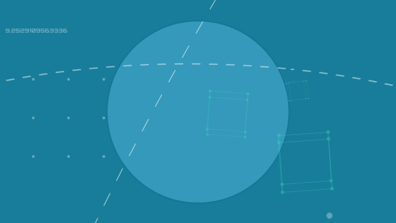 파란색 배경에 있는 원 위의 점선과 큐브의 애니메이션