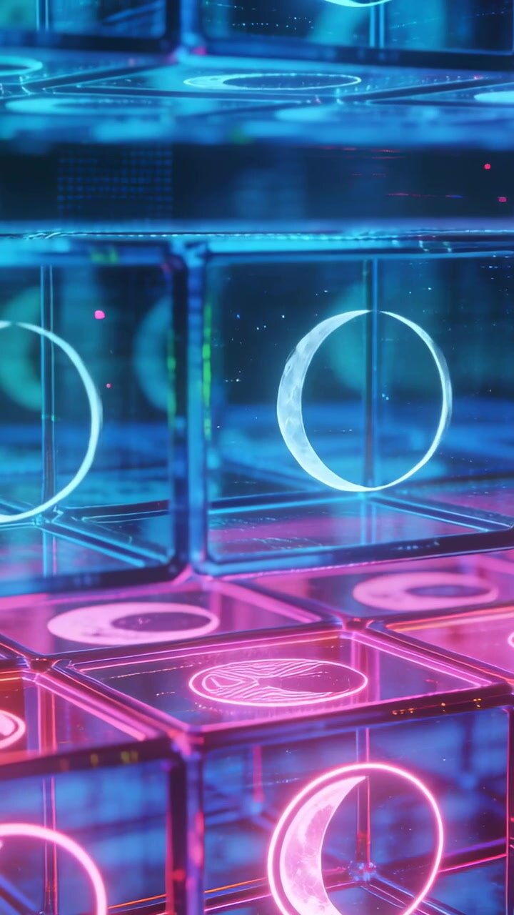 Video verticale: Luce mutevole che accende il nucleo di una luna che cambia fase in un cubo di vetro su un tappetino al neon, per esposizione.