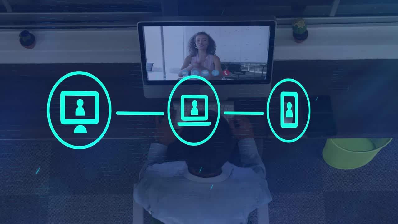 Animazione di rete di connessioni con icone su uomo afroamericano che usa il computer