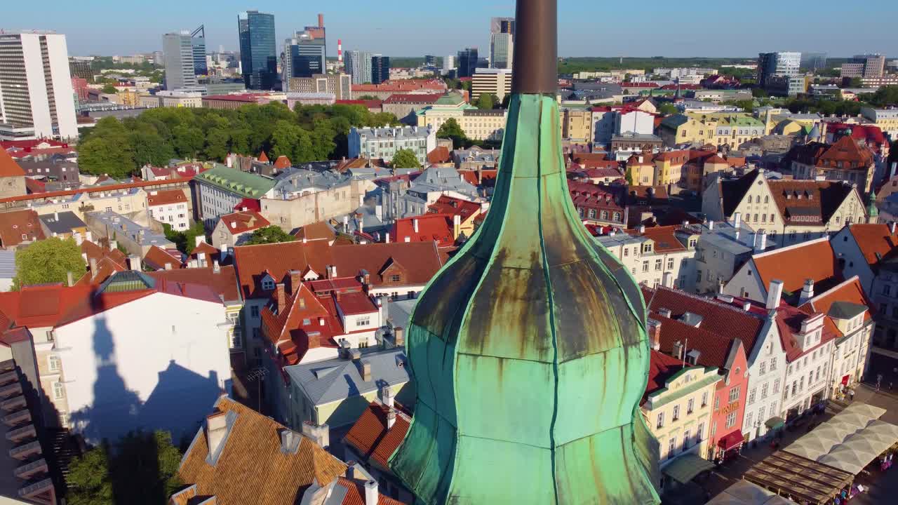 Saint Nicholas Medieval Church Tower In Tallinn, Estonia. Aerial Close-up Shot