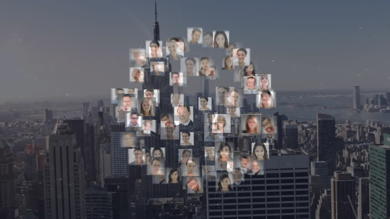 Animazione di una rete di connessioni con foto di persone su paesaggio urbano