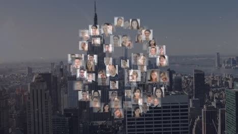 animation of network of connections with people photos over cityscape